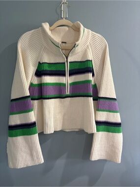 Free People Cream Ribbed Half-Zip Sweater with Green & Purple Stripes